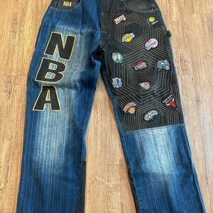 NBA Men's Blue and Black Straight Jeans with Patches